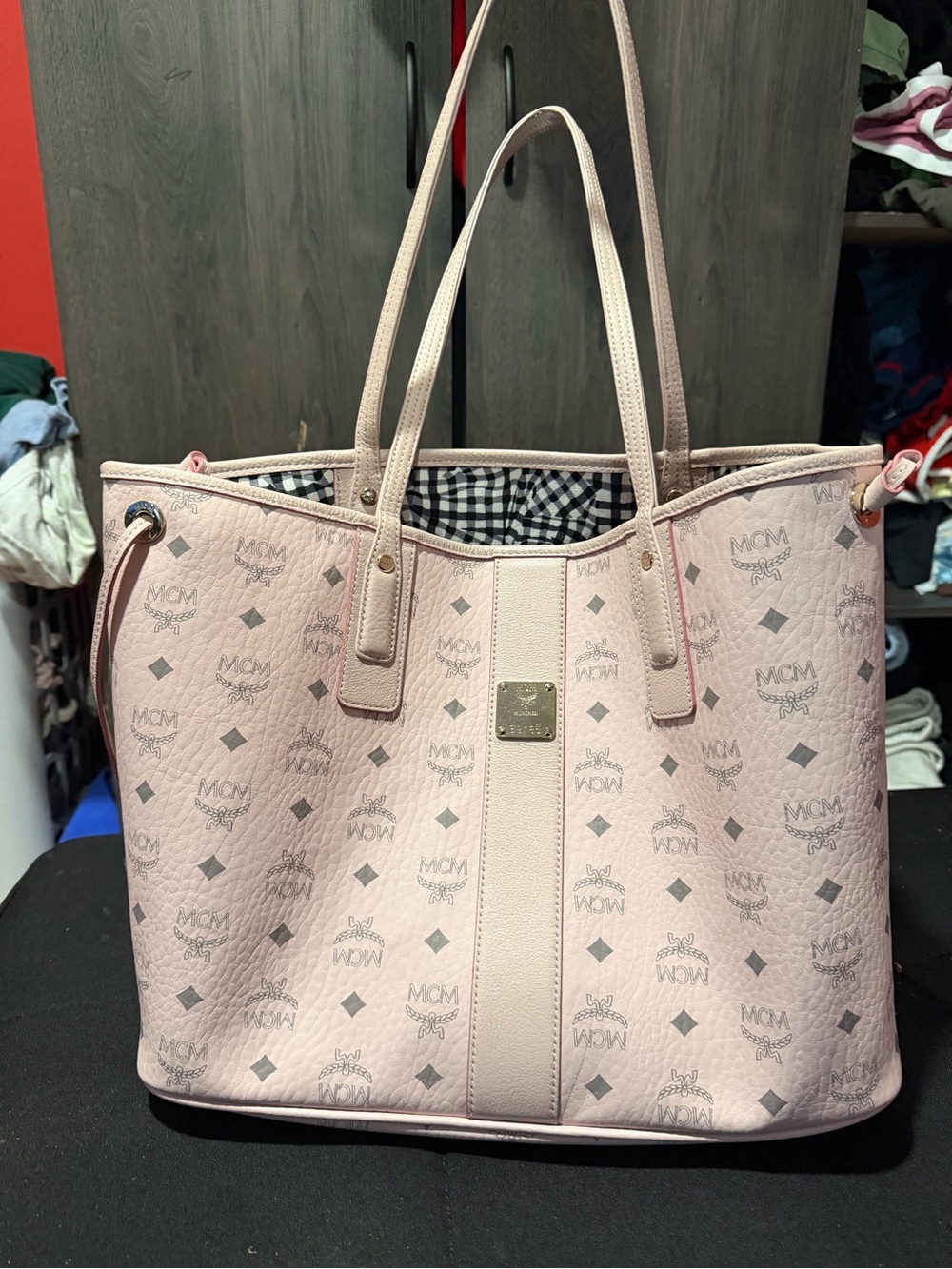 MCM Light Pink Logo Canvas Tote with Striped Lining
